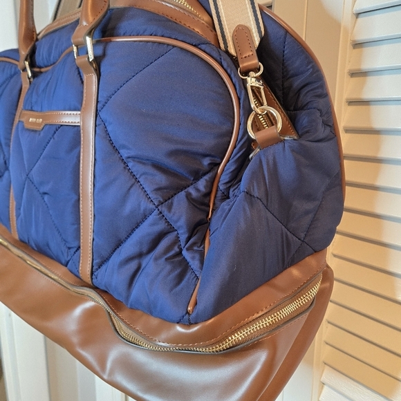 ANNE KLEIN Navy Quilted Weekender Bag Brown Faux Leather Dual Compartment 20x14 - Picture 4 of 13